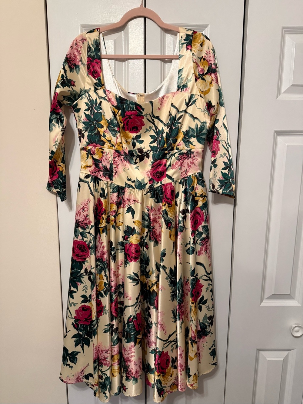 Pinup Girl Clothing Margaret Dress in Pink and Cream Floral Satin
